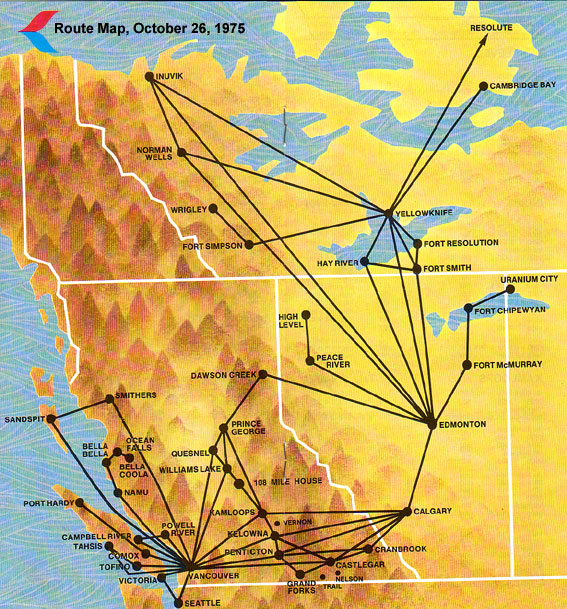 Pacific Western route map, 1975
