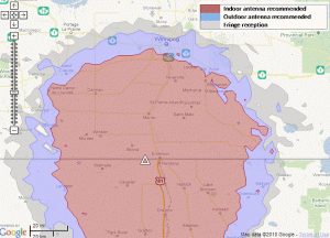 Potential coverage of a Prairie Public station aimed at southern Manitoba